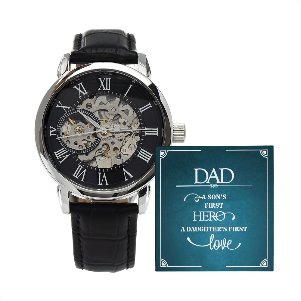 Dad a sons first Hero Men's Openwork Watch w/ Genuine Black Leather Band
