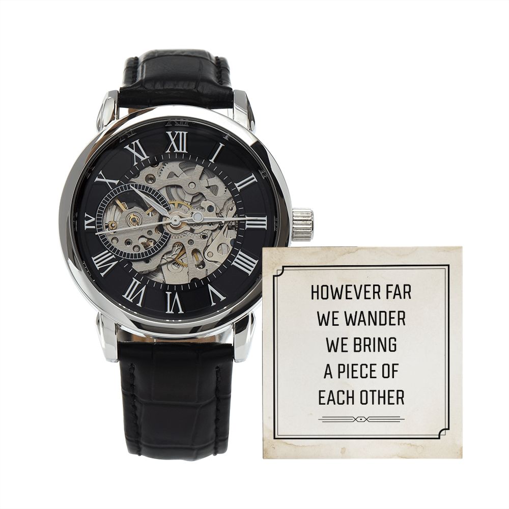 However far we wander Men's Openwork Watch w/ Genuine Black Leather Band