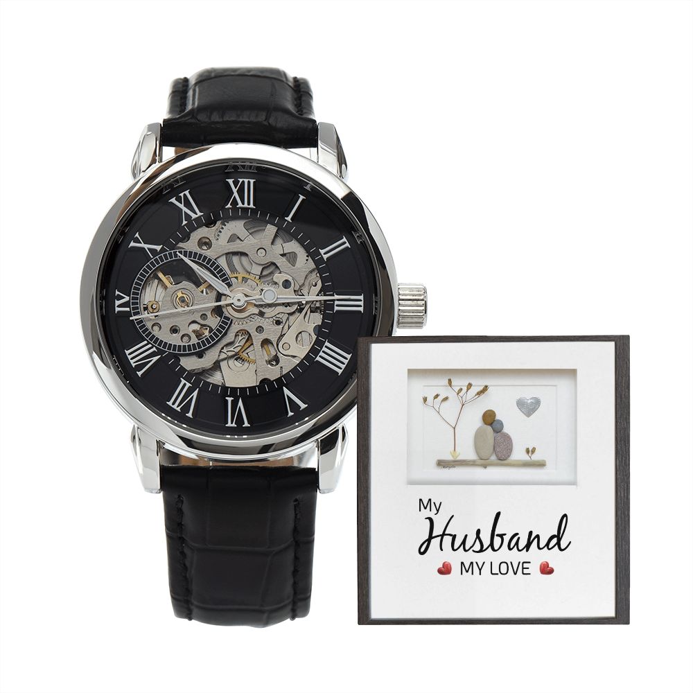 My Husband my Love Men's Openwork Watch w/ Genuine Black Leather Band