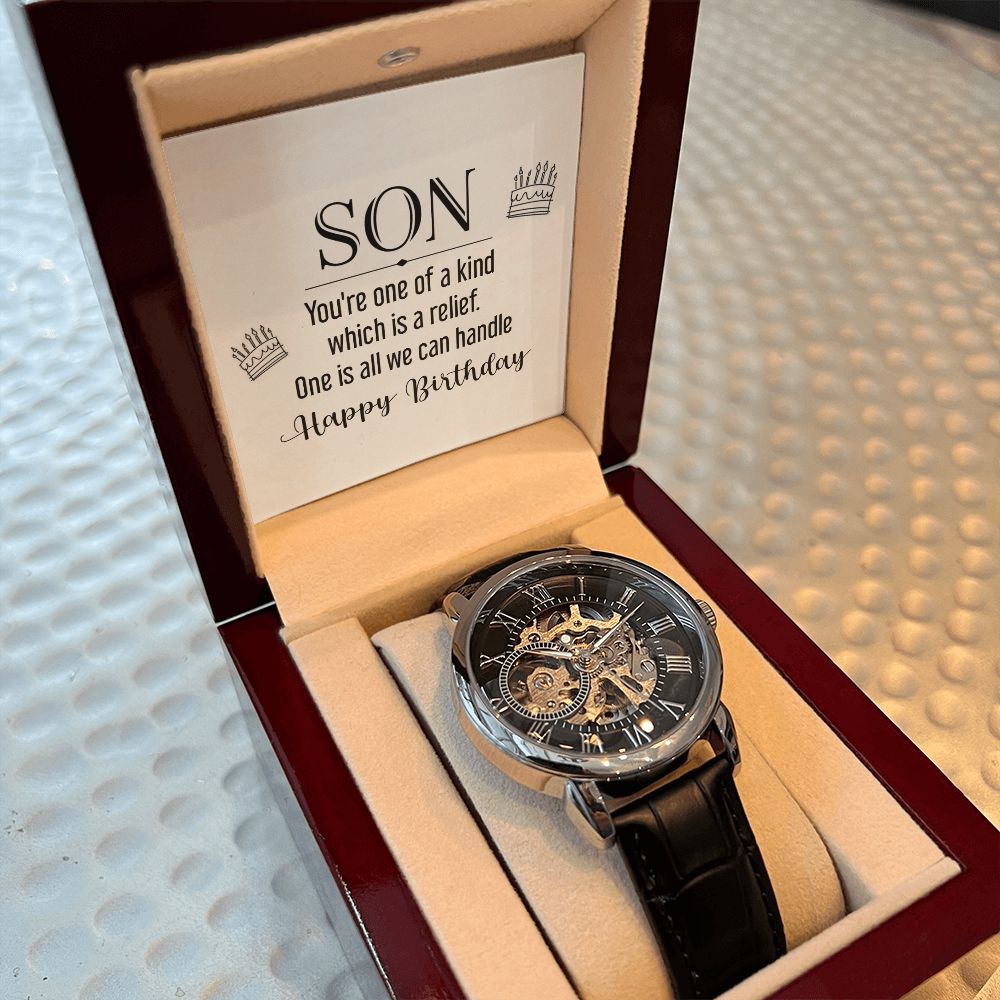 son - you're one of a kind Men's Openwork Watch w/ Genuine Black Leather Band