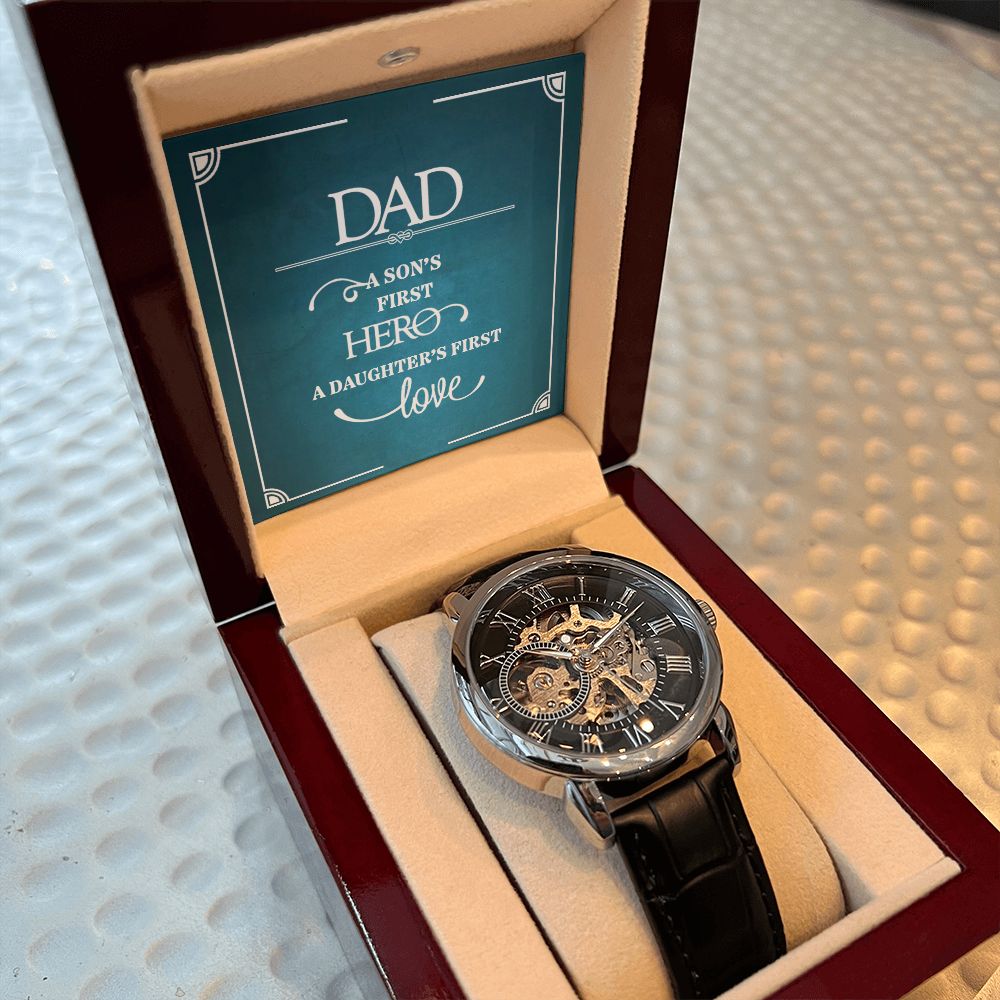 Dad a sons first Hero Men's Openwork Watch w/ Genuine Black Leather Band
