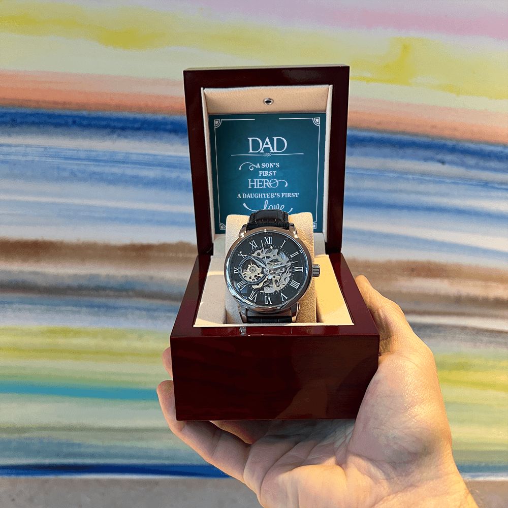 Dad a sons first Hero Men's Openwork Watch w/ Genuine Black Leather Band