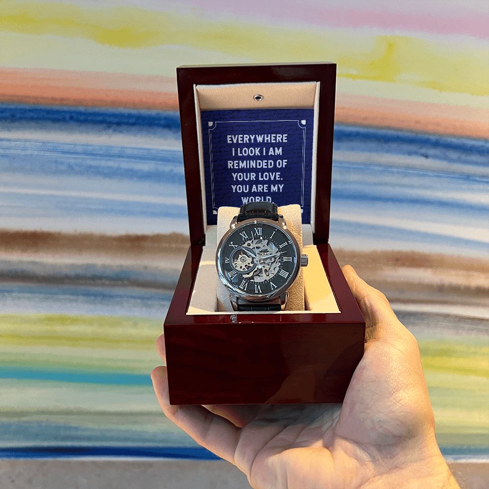 Everywhere I look Men's Openwork Watch w/ Genuine Black Leather Band