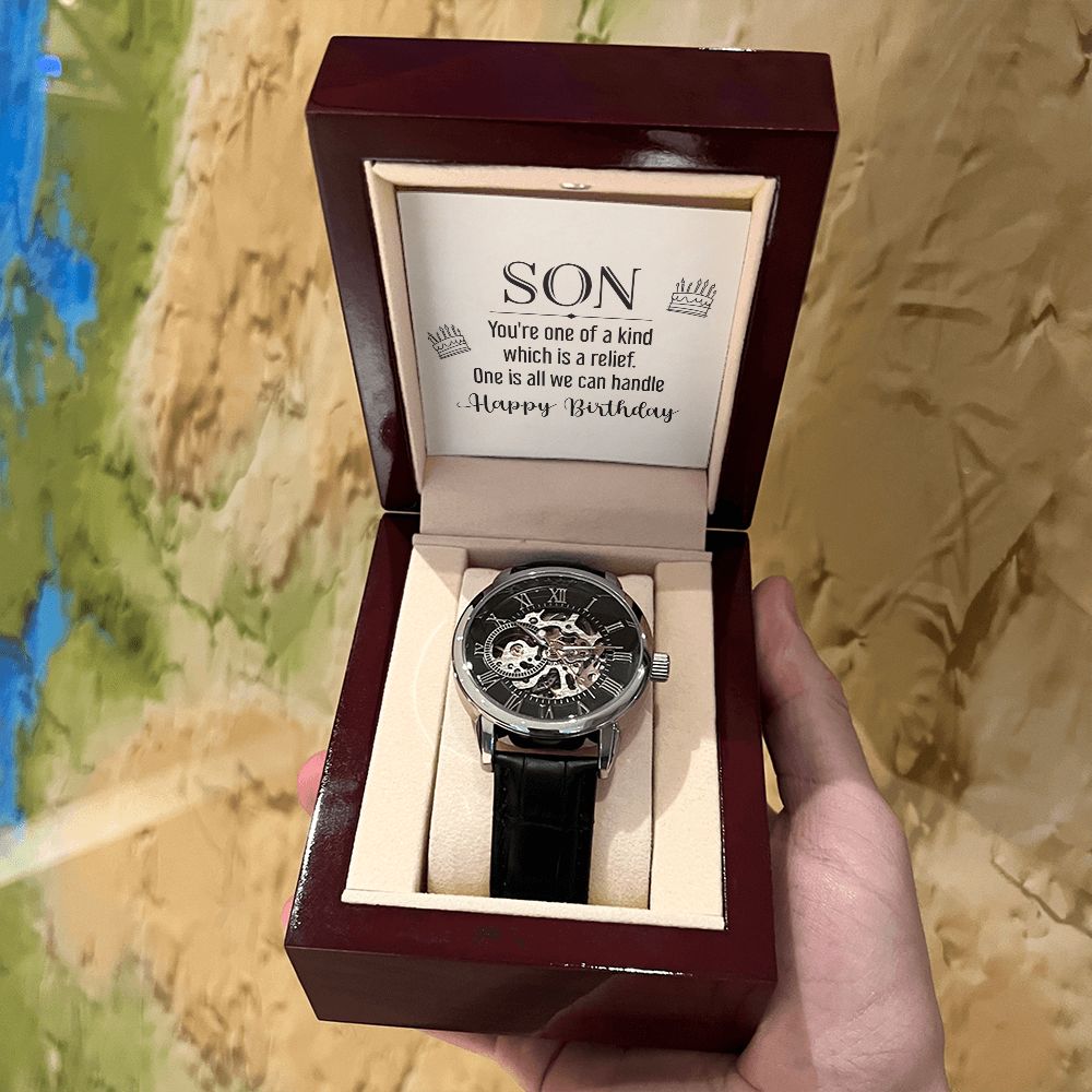 son - you're one of a kind Men's Openwork Watch w/ Genuine Black Leather Band