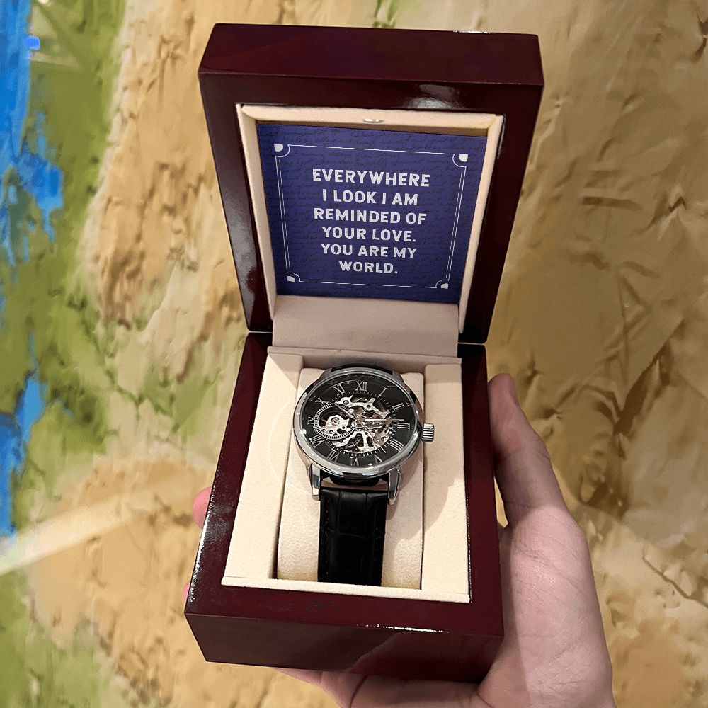 Everywhere I look Men's Openwork Watch w/ Genuine Black Leather Band