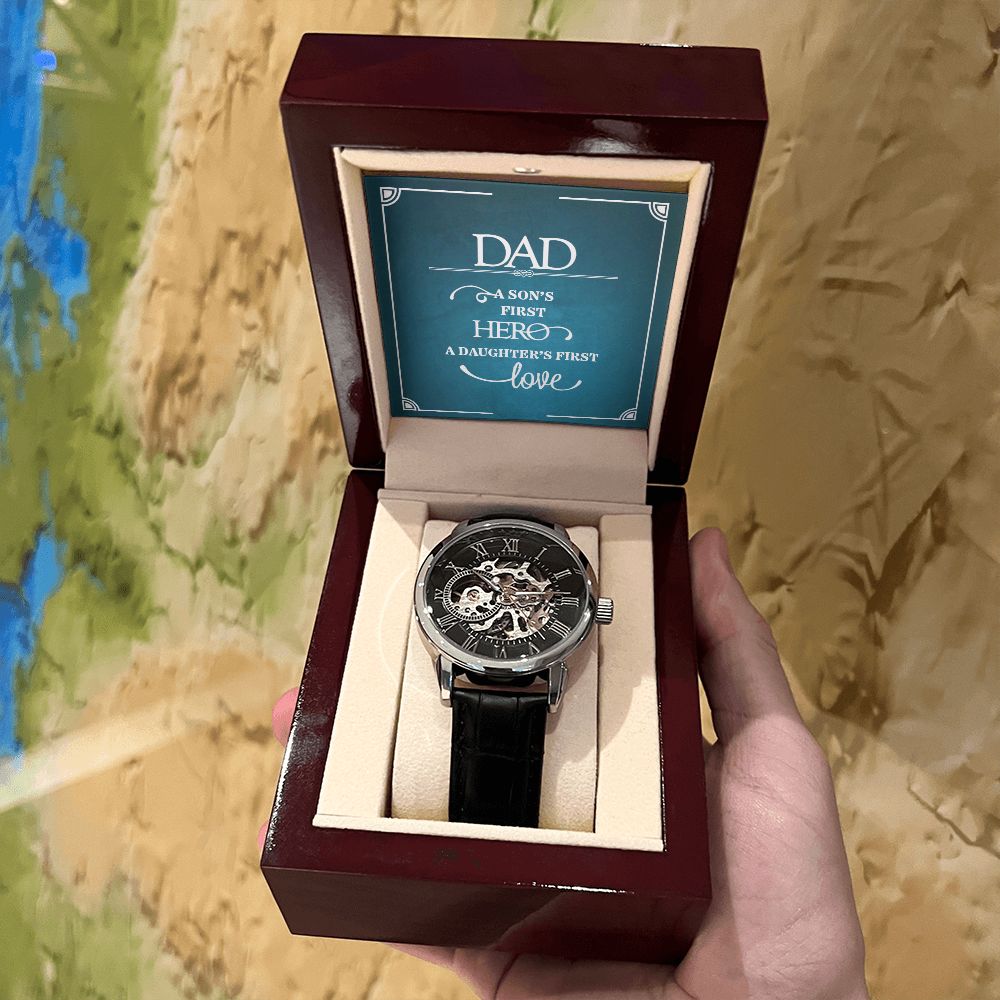 Dad a sons first Hero Men's Openwork Watch w/ Genuine Black Leather Band