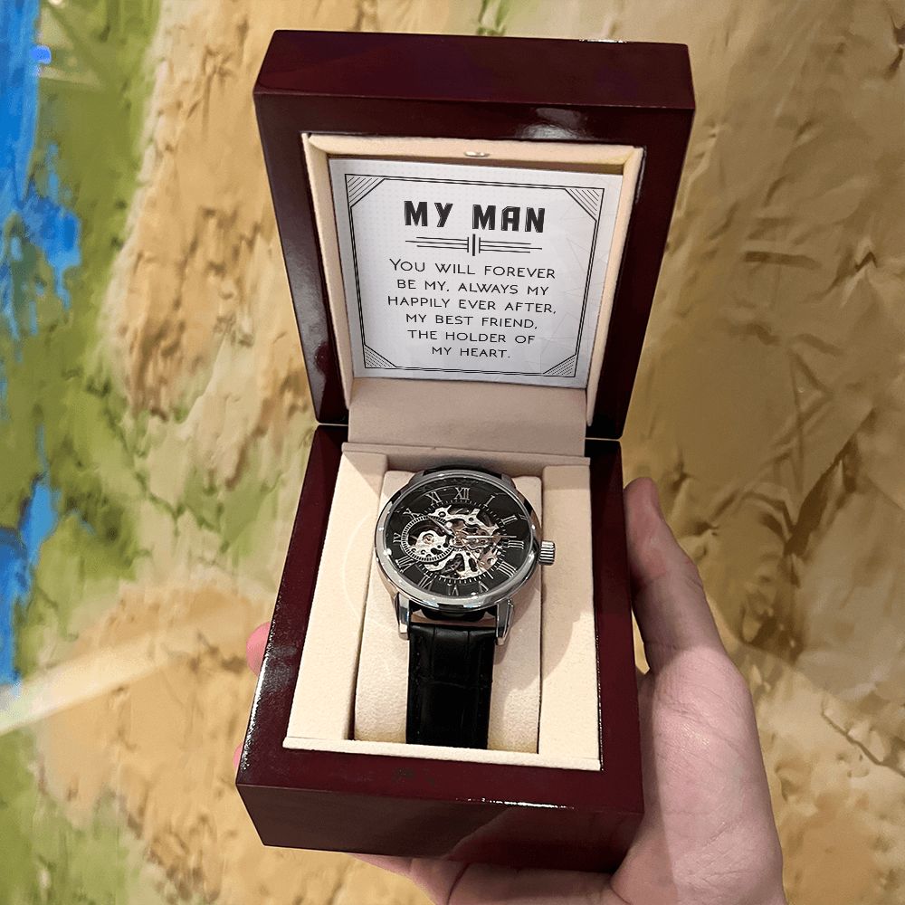 You will forever be my always Men's Openwork Watch w/ Genuine Black Leather Band