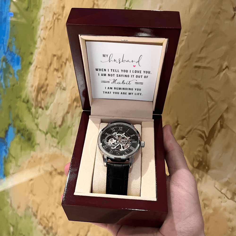 My Husband when I tell you I love you Men's Openwork Watch w/ Genuine Black Leather Band