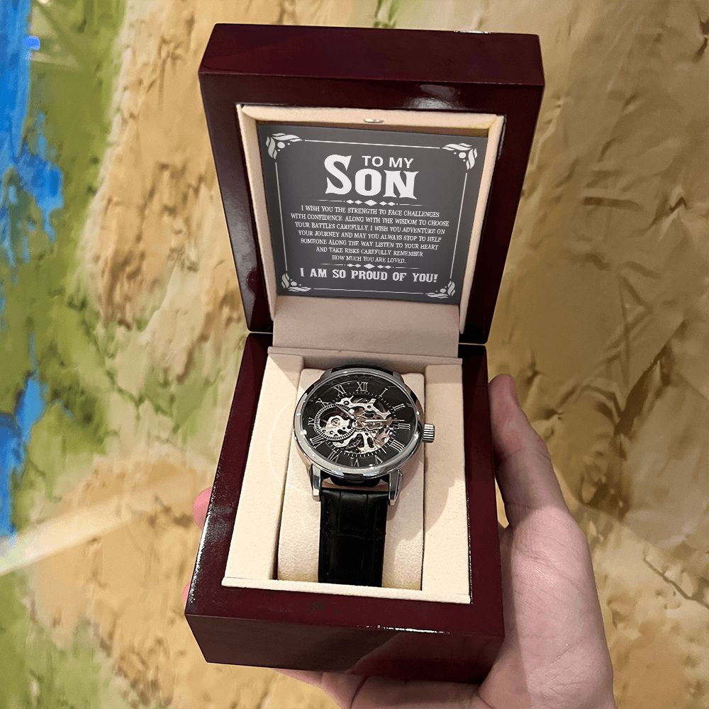 To My Son - I wish you the strength to face challenges Men's Openwork Watch w/ Genuine Black Leather Band