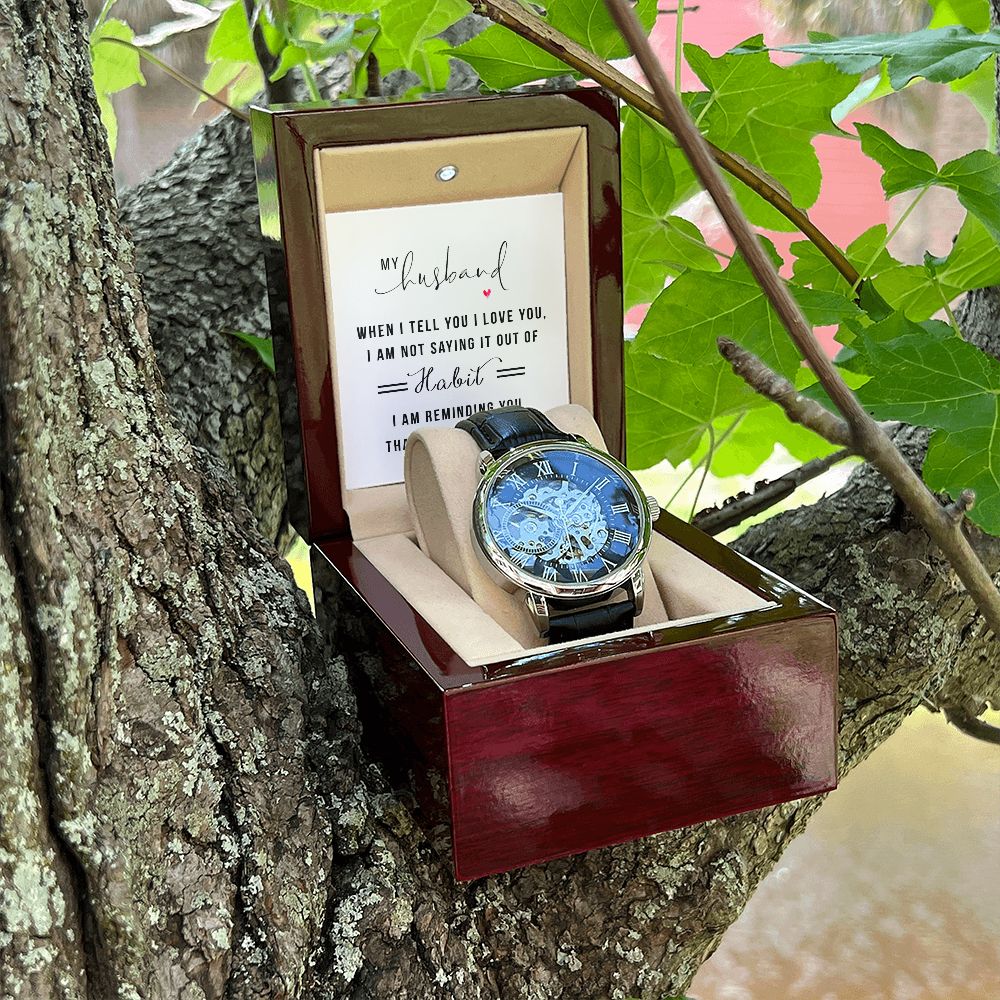 My Husband when I tell you I love you Men's Openwork Watch w/ Genuine Black Leather Band