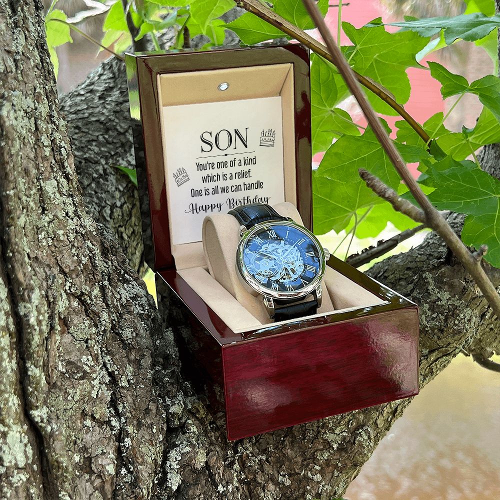 son - you're one of a kind Men's Openwork Watch w/ Genuine Black Leather Band