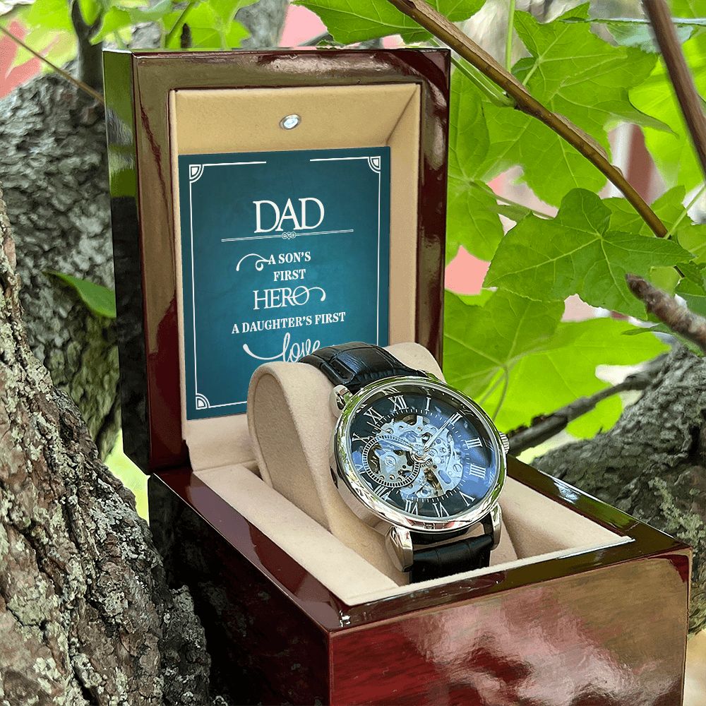 Dad a sons first Hero Men's Openwork Watch w/ Genuine Black Leather Band