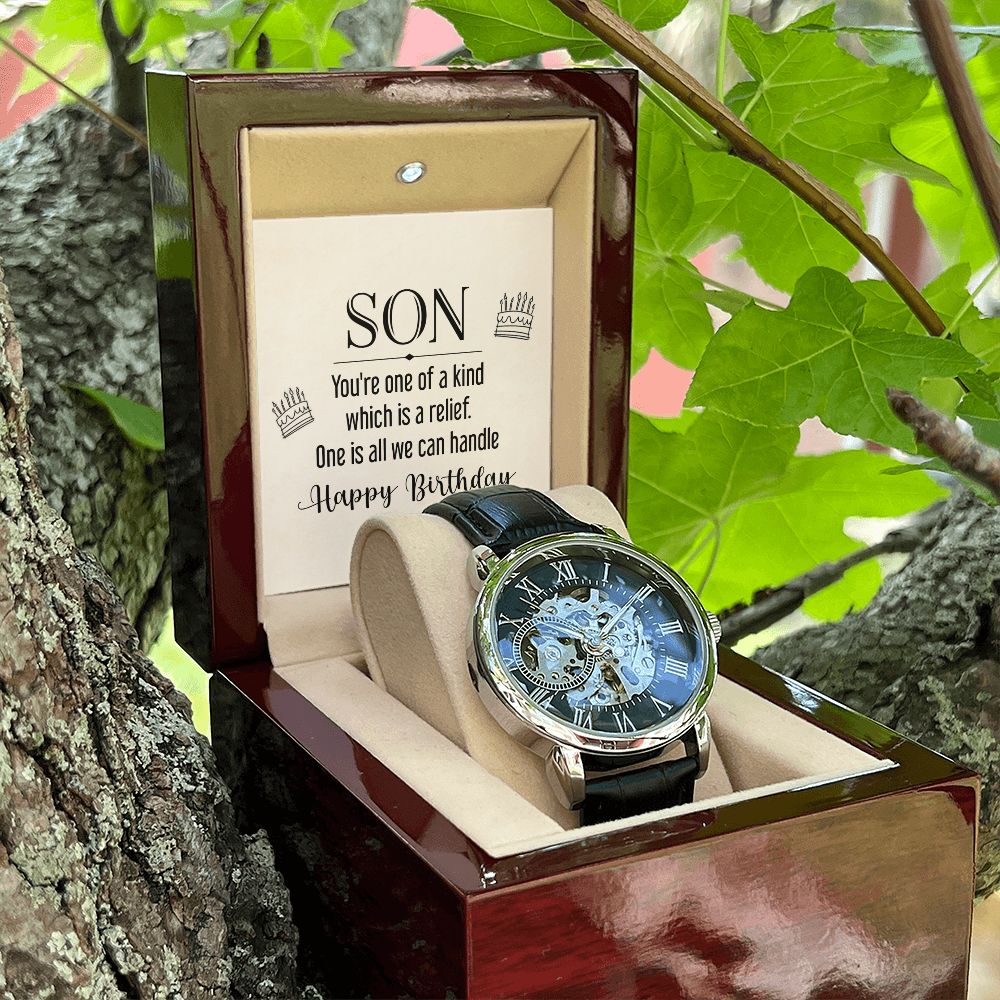 son - you're one of a kind Men's Openwork Watch w/ Genuine Black Leather Band
