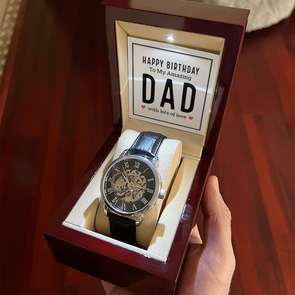 Happy birthday to my amazing dad Men's Openwork Watch w/ Genuine Black Leather Band