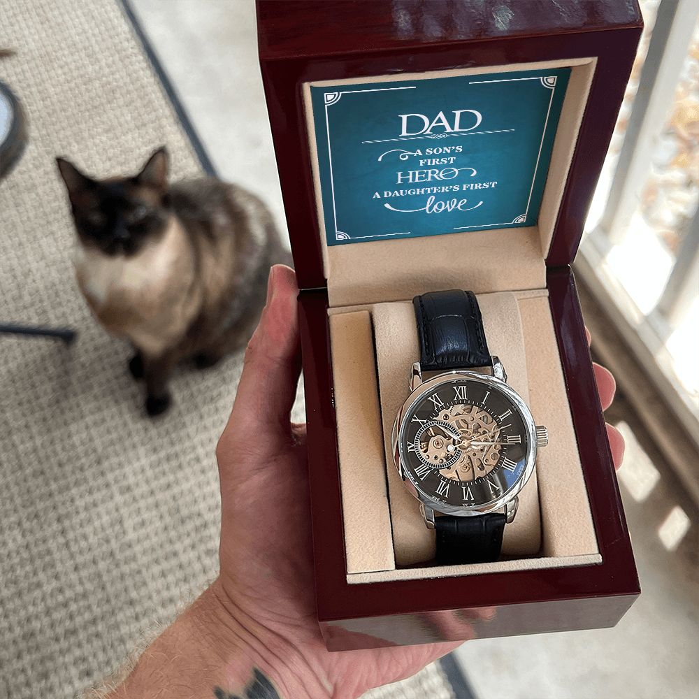 Dad a sons first Hero Men's Openwork Watch w/ Genuine Black Leather Band