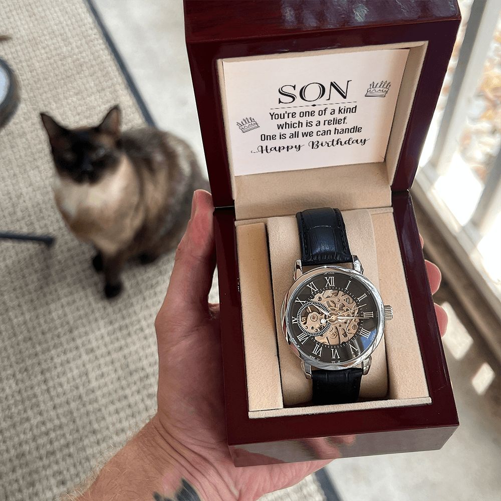 son - you're one of a kind Men's Openwork Watch w/ Genuine Black Leather Band