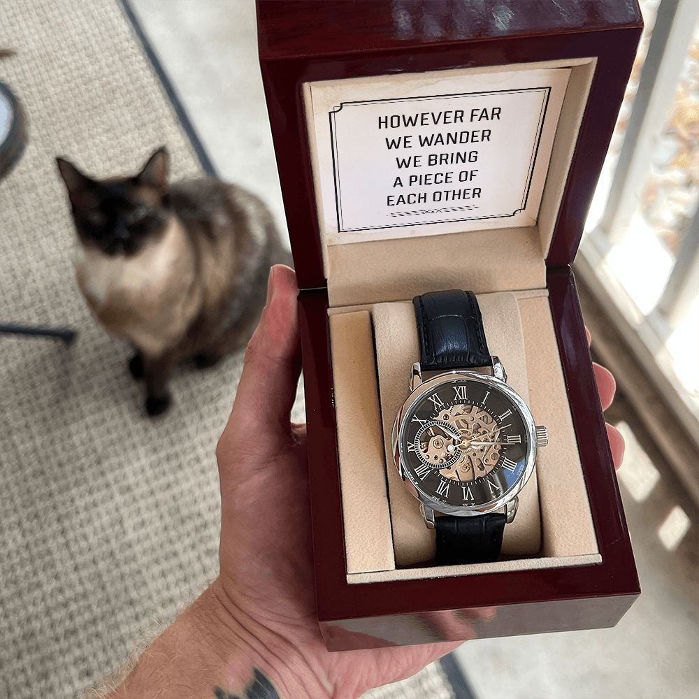 However far we wander Men's Openwork Watch w/ Genuine Black Leather Band