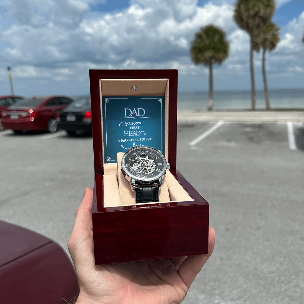 Dad a sons first Hero Men's Openwork Watch w/ Genuine Black Leather Band