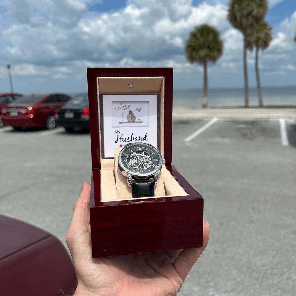 My Husband my Love Men's Openwork Watch w/ Genuine Black Leather Band