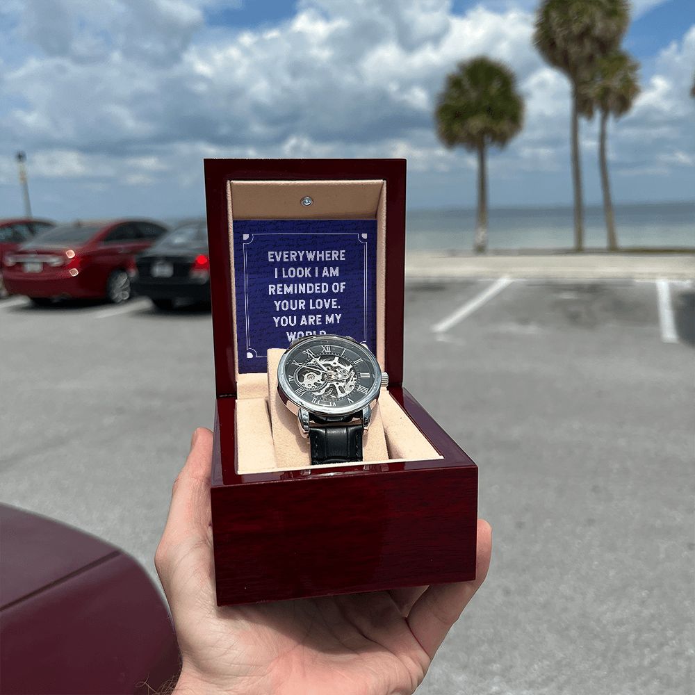 Everywhere I look Men's Openwork Watch w/ Genuine Black Leather Band