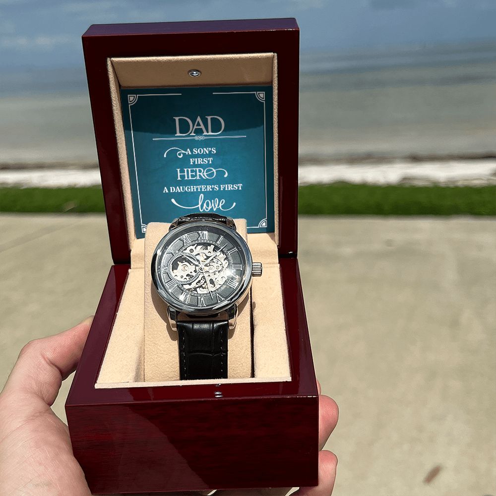 Dad a sons first Hero Men's Openwork Watch w/ Genuine Black Leather Band