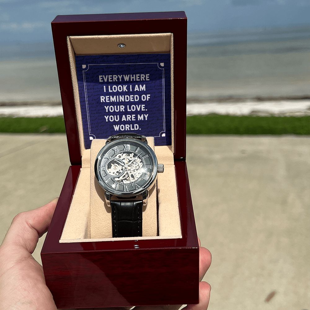 Everywhere I look Men's Openwork Watch w/ Genuine Black Leather Band