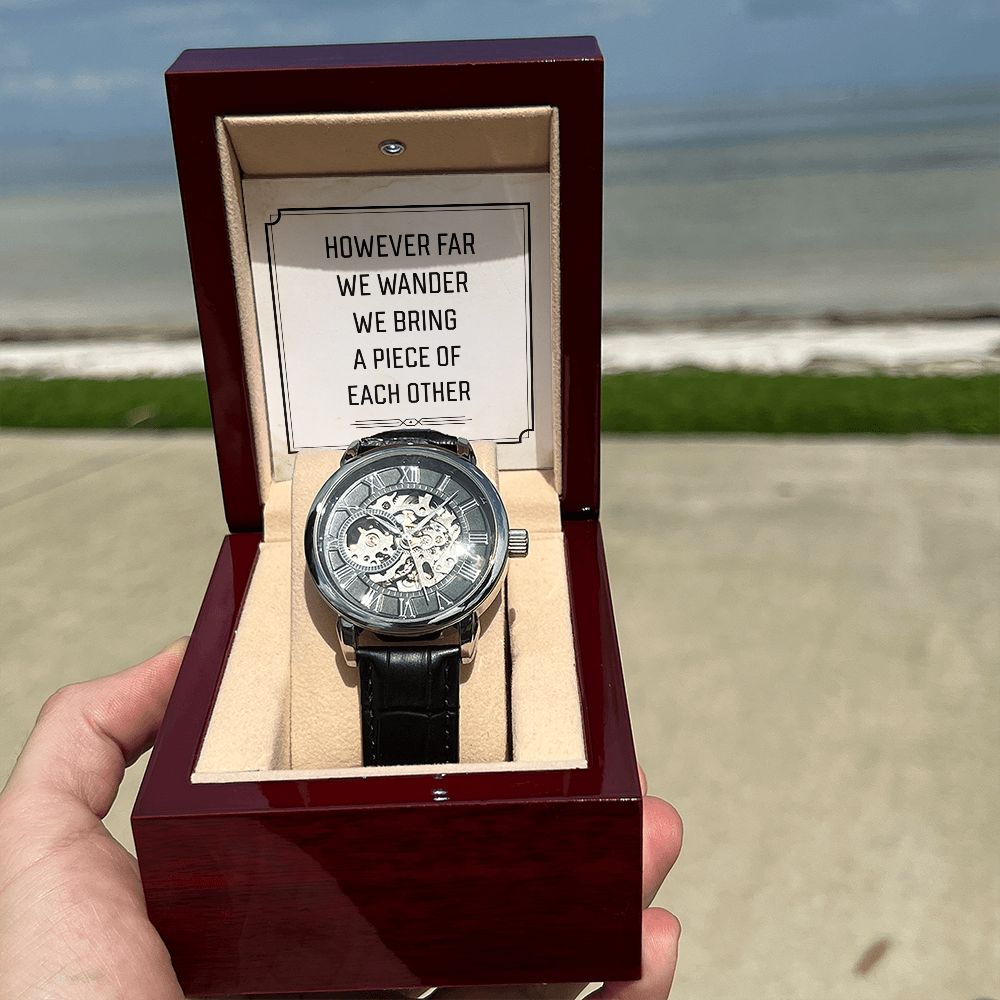 However far we wander Men's Openwork Watch w/ Genuine Black Leather Band