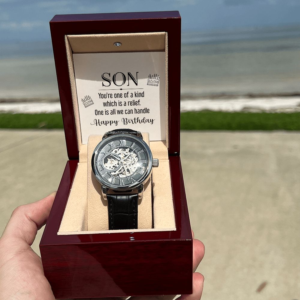 son - you're one of a kind Men's Openwork Watch w/ Genuine Black Leather Band