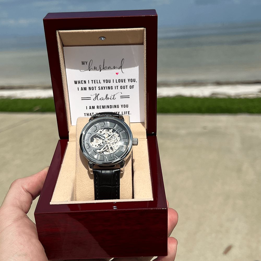 My Husband when I tell you I love you Men's Openwork Watch w/ Genuine Black Leather Band