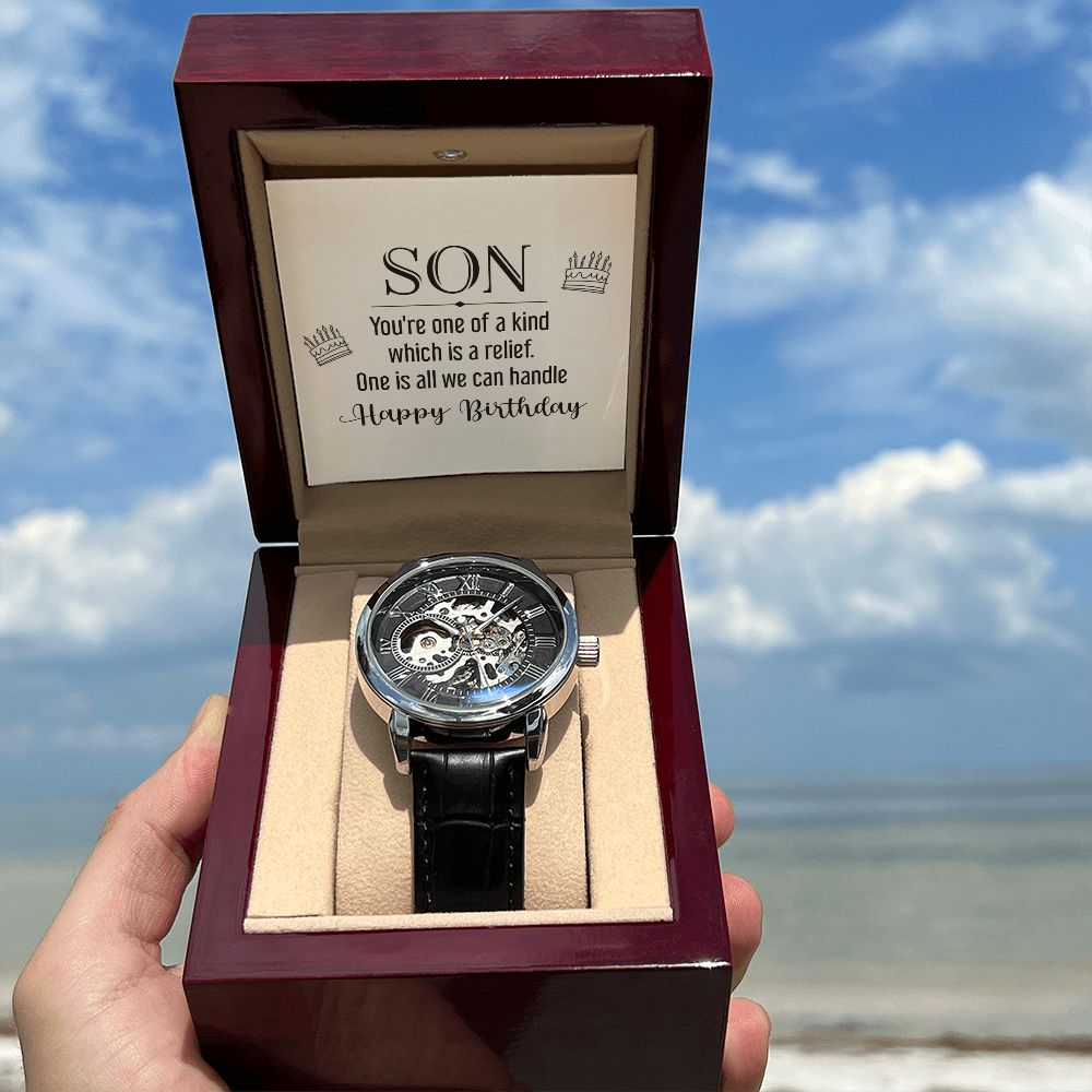 son - you're one of a kind Men's Openwork Watch w/ Genuine Black Leather Band