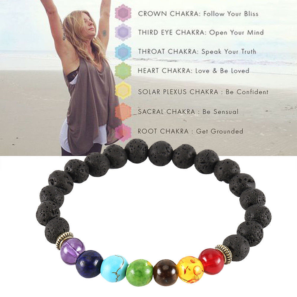 Bracelet Chakra Healing Beads Natural Lava Stone 8mm Reiki 7 Gemstone Beaded