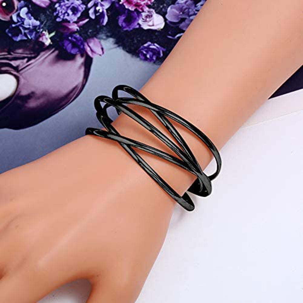 Women Multilayer Cross Bangle Bracelet Open Cuff Wrist