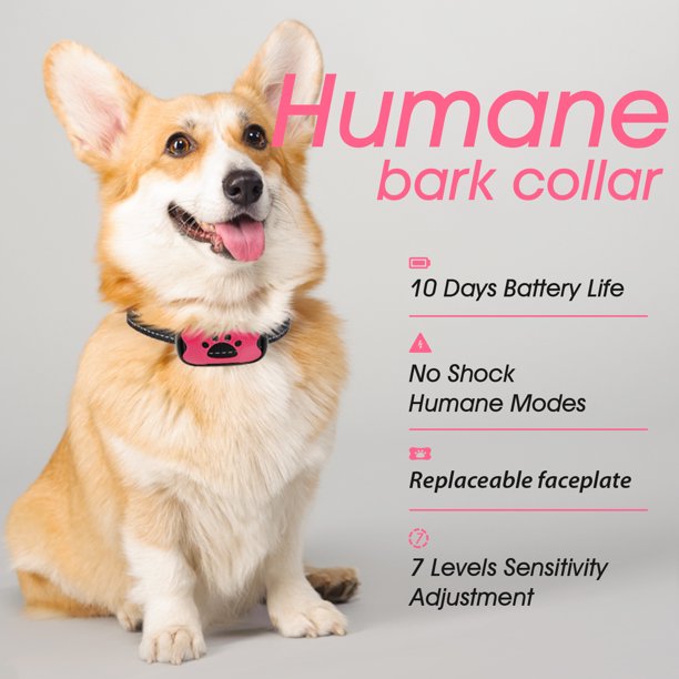Dog Bark Collar - Humane, Rechargeable No Shock Anti Barking Collar w/ 7 Adjustable Levels for Small Medium Large Dogs, Waterproof (Pink)