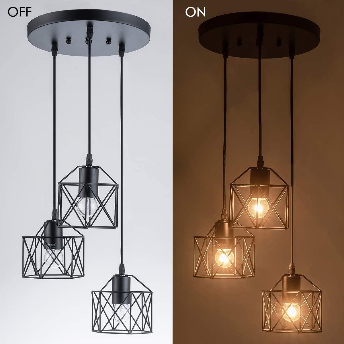 Industrial 3-Light Pendant Light Fixture w/ Metal Cage Shade, Black