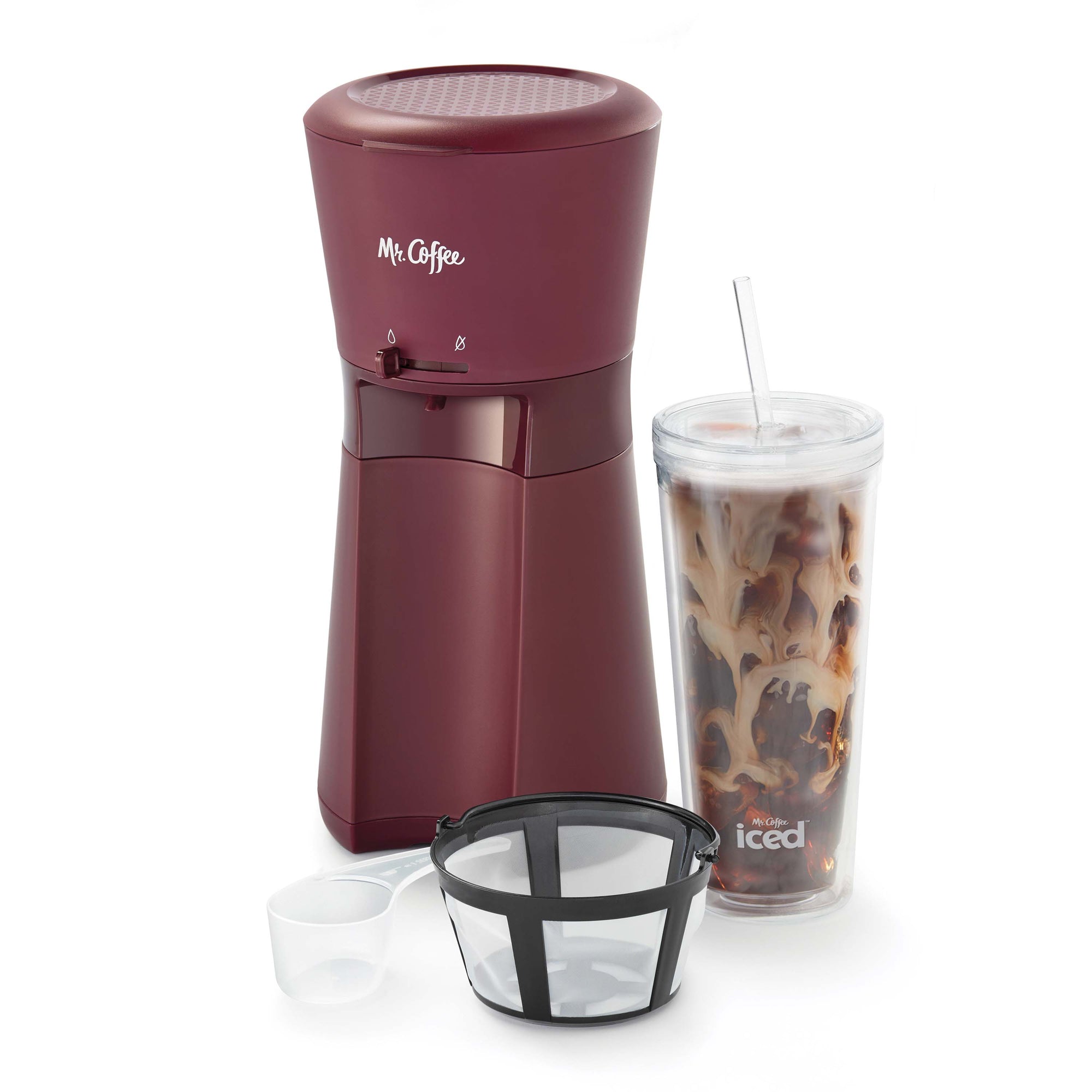 Iced Coffee Maker with Reusable Tumbler and Coffee Filter, Burgundy