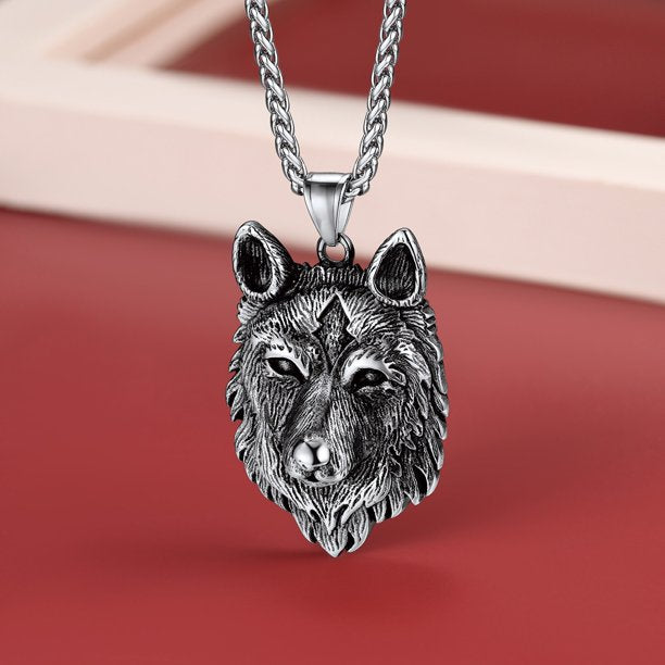 Norse Viking Wolf Pendant Necklace for Men Stainless Steel Scandinavia Jewelry Amulet - Silver