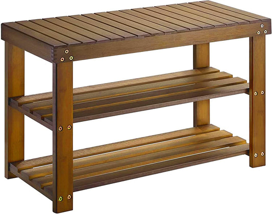Bamboo Shoe Rack Bench, 3-Tier Sturdy Shoe Organizer