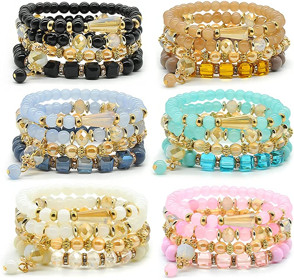 6 Sets Stackable Stretch Bracelets Multi-color Bohemian Bracelet Sets for Women