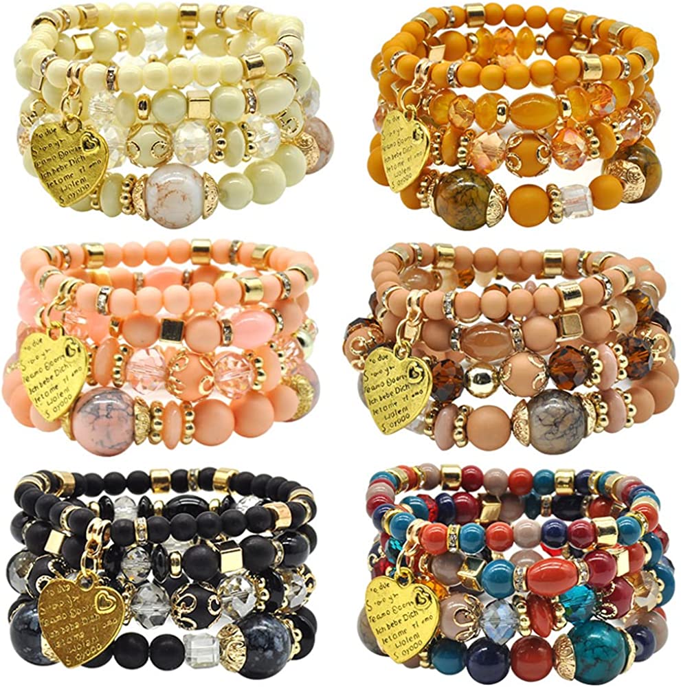 6 Sets Stackable Stretch Bracelets Multi-color Bohemian Bracelet Sets for Women