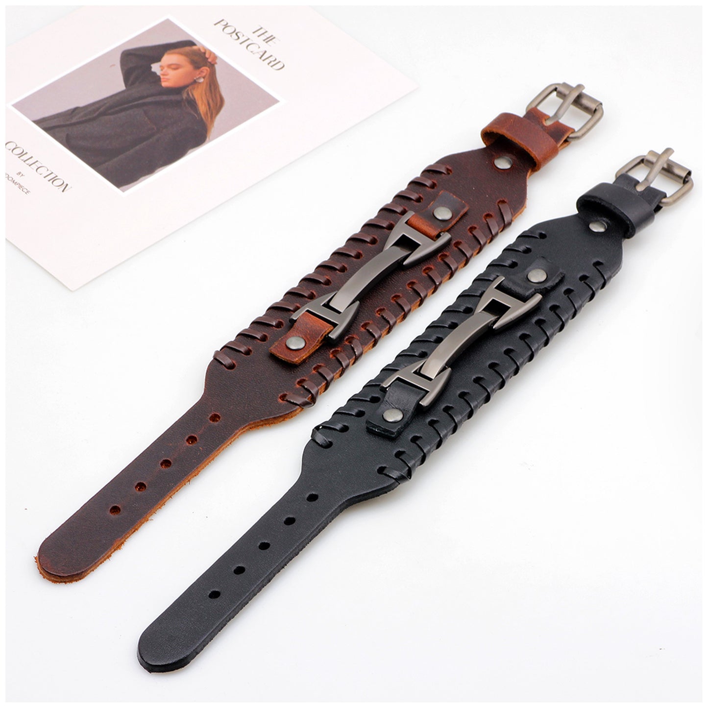 Punk Rock Metallic Leather Wristband Bracelet for Men/Women