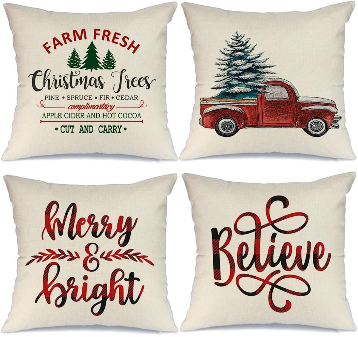 18" x 18" Farmhouse Beige Christmas tree Polyester Decorative Pillow Cover, (4 Count)