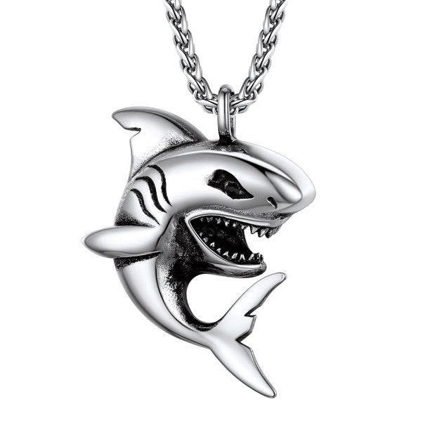 Silver Shark Pendant Chain for Men Stainless Steel Punk Cool Necklace