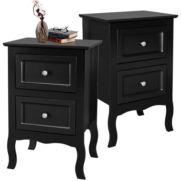 Set of 2 Nightstand Bedroom Bedside Table w/ Drawers Storage, Country Style w/ Metal Handle, Black