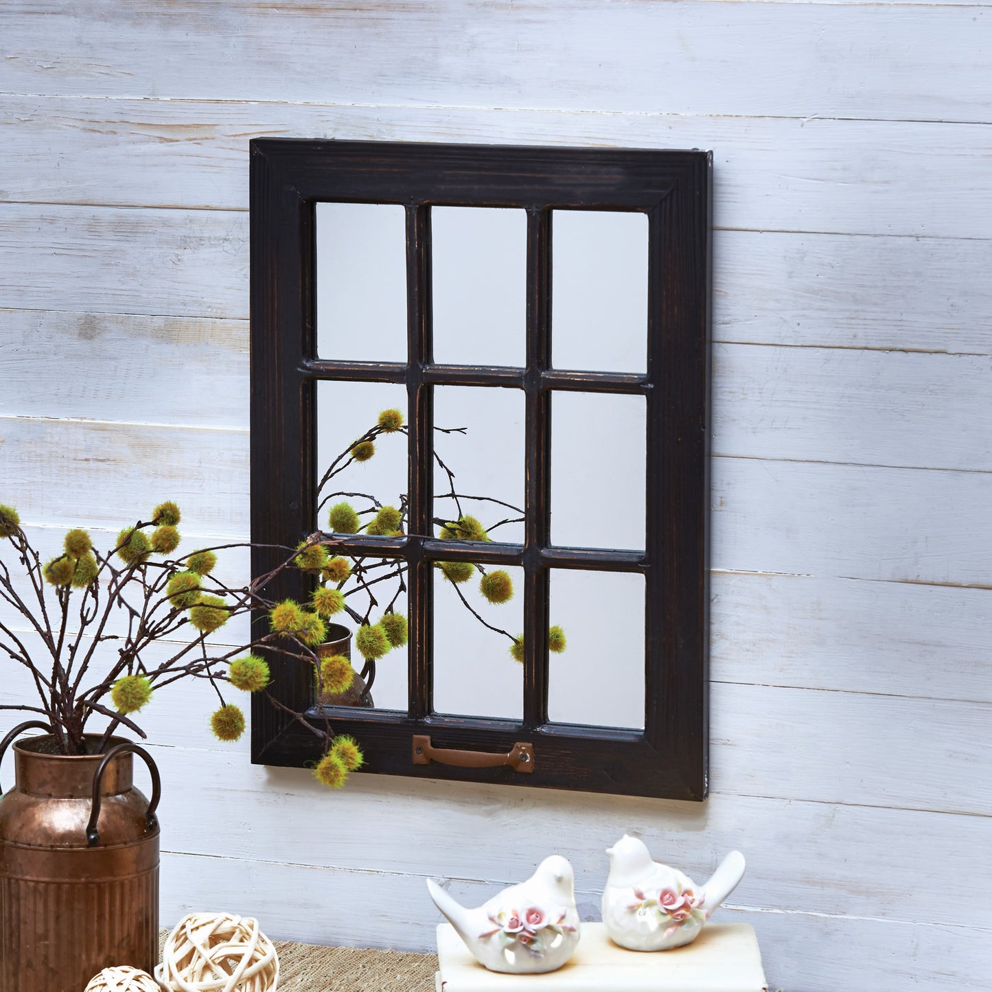 Distressed Wood Windowpane Mirror - Rustic Home Decoration