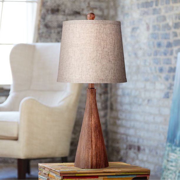 Modern Accent Table Lamp 23 1/2" High Brown Faux Wood Oatmeal Drum Shade for Bedroom Living Room