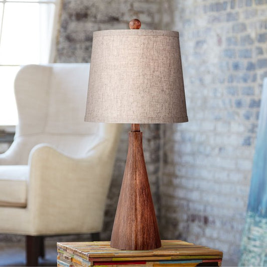 Modern Accent Table Lamp 23 1/2" High Brown Faux Wood Oatmeal Drum Shade for Bedroom Living Room