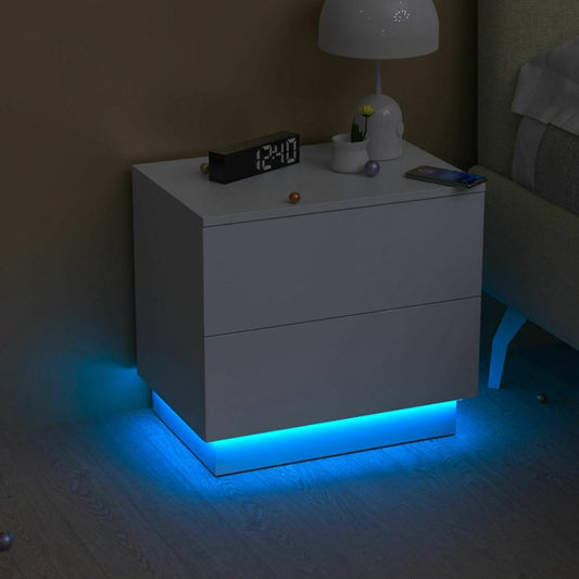 1/2 Pieces LED Nightstand 2 Drawers Bedside End Table w/ Remote RGB LED Light, High Gloss Wooden