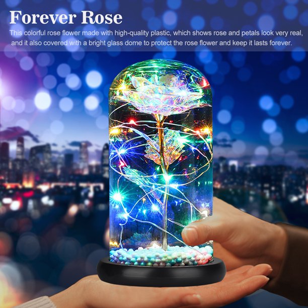 Colorful Galaxy Rose Flower Gift in Glass Dome, Artificial Flower Rose w/ LED Light String