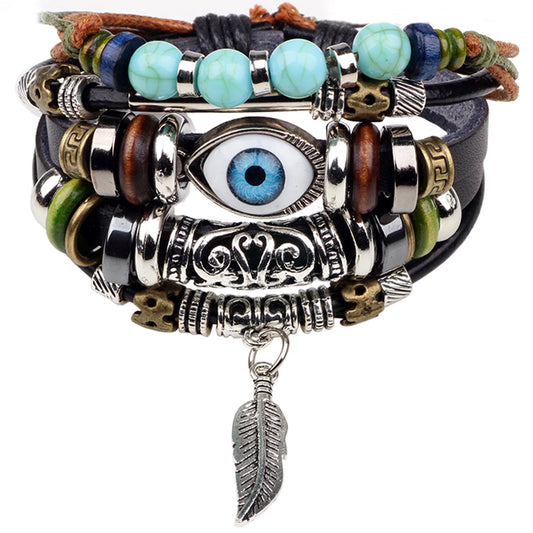 Tribal Evil Eye Protection Synthetic Leather Wristband Bracelet