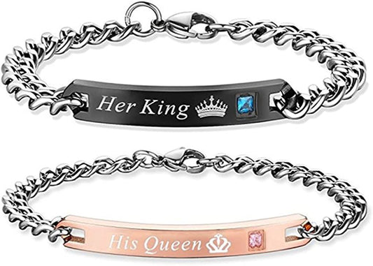 Gift for Lover His Queen Her King Stainless Steel Couple Bracelets